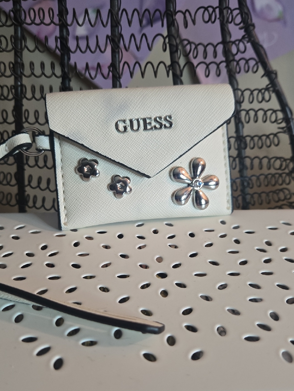 GUESS White Floral Charm Mini Wristlet Wallet